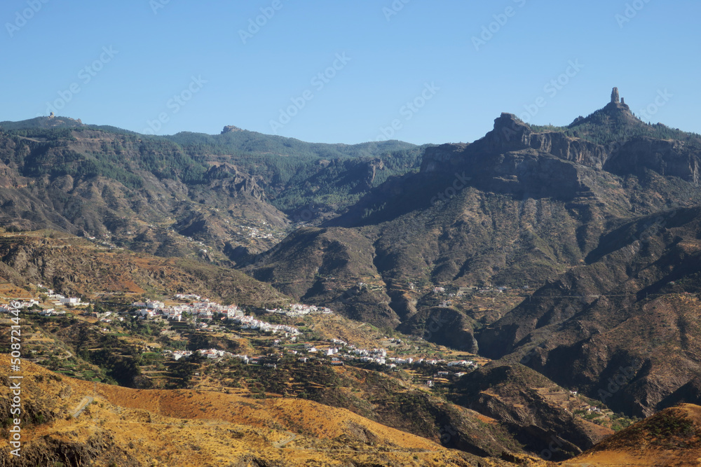 View of Tejeda with the famous Roque Nublo above in Gran Canaria