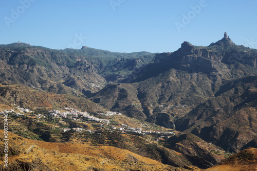 View of Tejeda with the famous Roque Nublo above in Gran Canaria