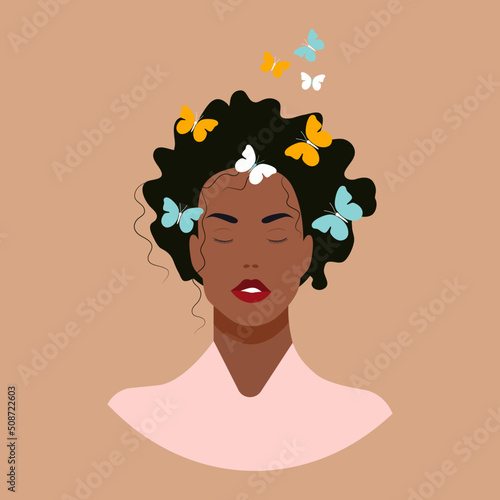 Boho black woman with butterflies in her hair vector illustration