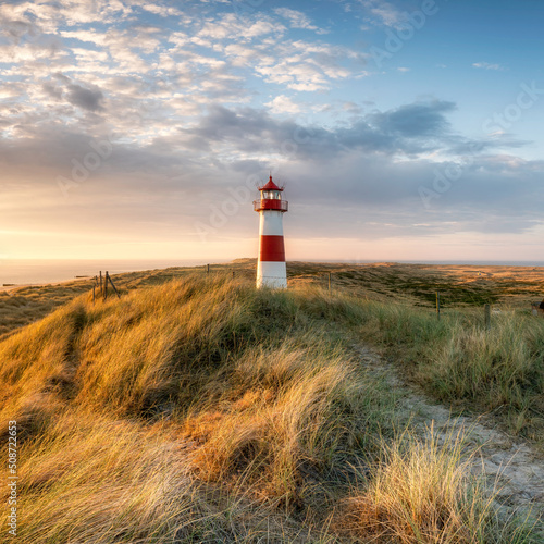 Red lighthouse near the North Sea coast, Sylt, Schleswig-Holstein, Germany
