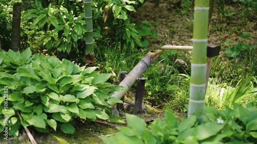 Peaceful Japanese Zen Garden, Bamboo Water Fountain along Stream 