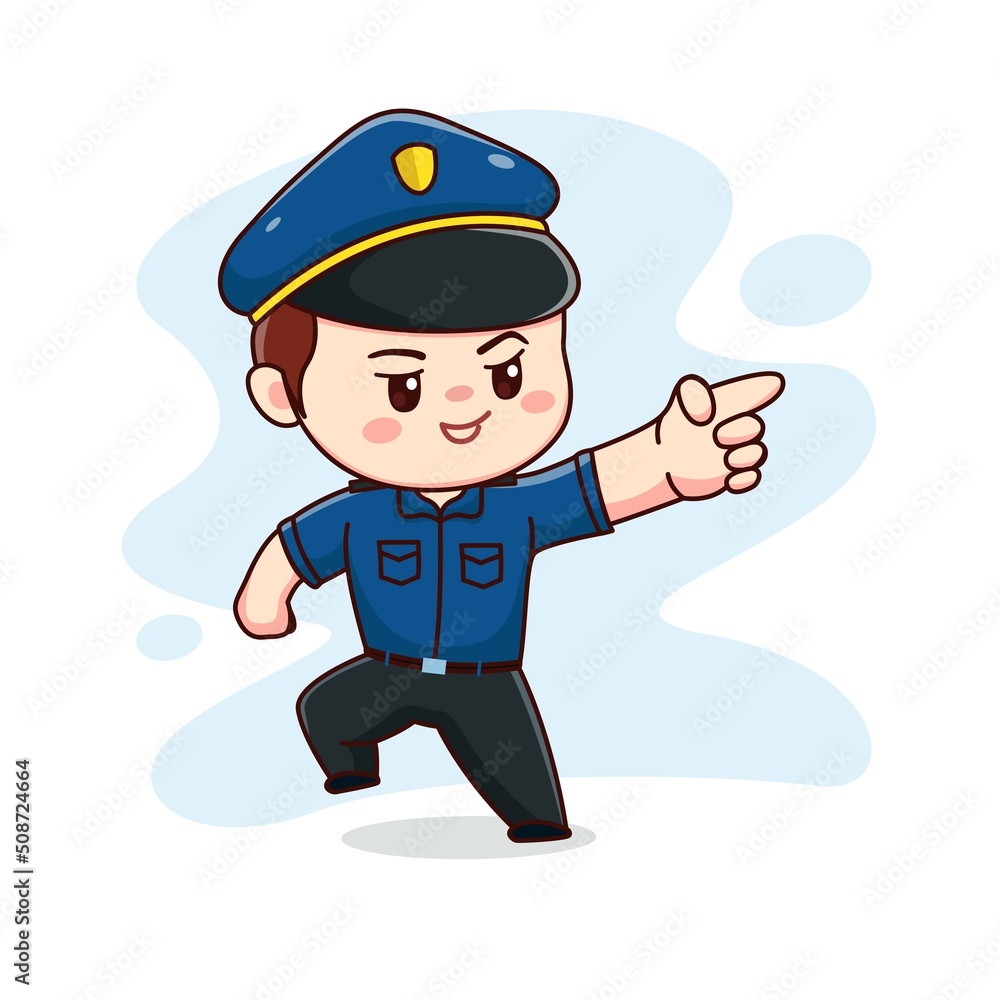 illustration of happy cute policeman with pointing finger kawaii chibi cartoon character design