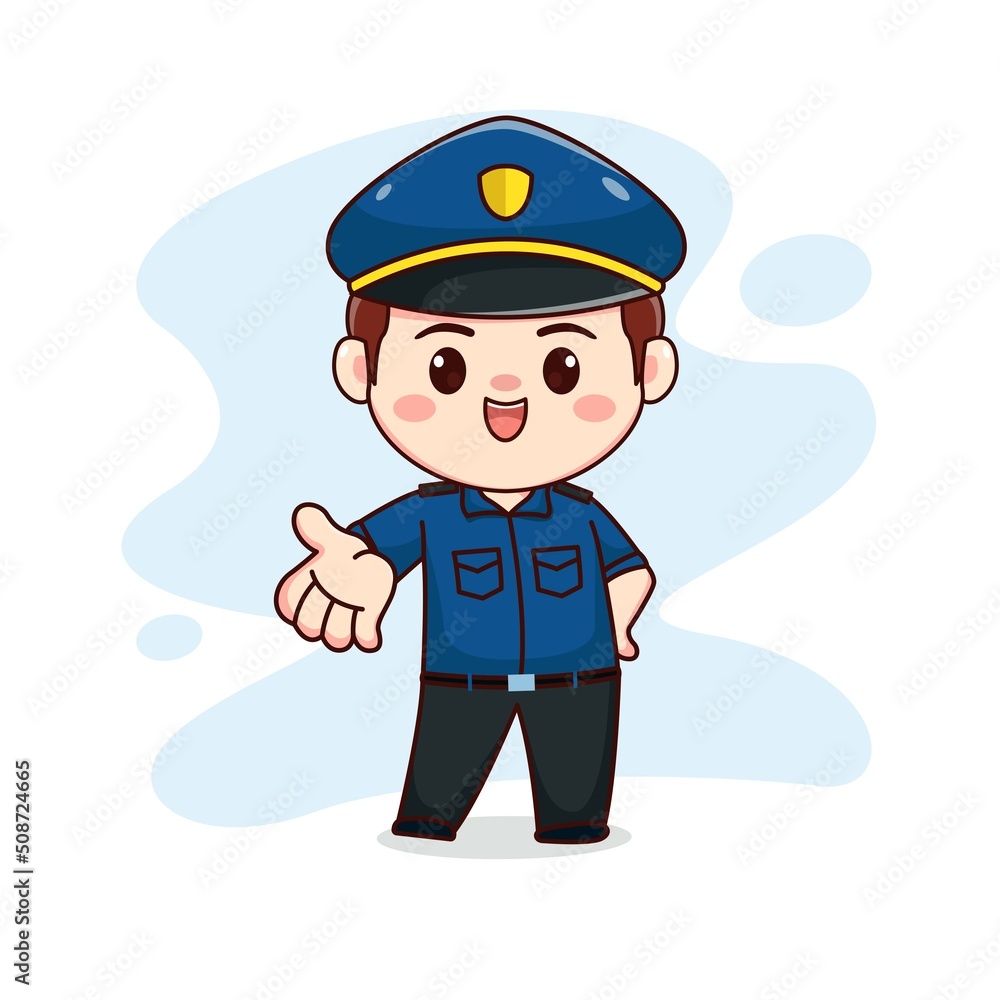 illustration of happy cute policeman kawaii chibi cartoon character design