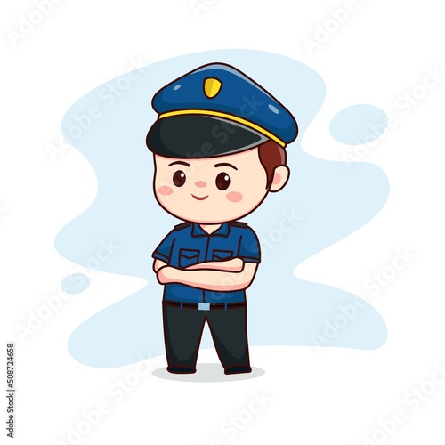 illustration of happy cute policeman kawaii chibi cartoon character design