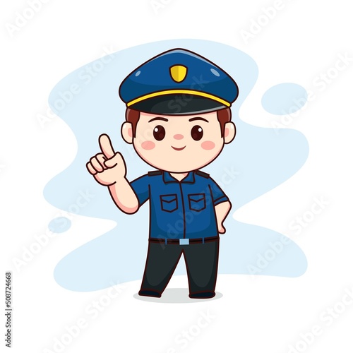 illustration of happy cute policeman with pointing finger kawaii chibi cartoon character design