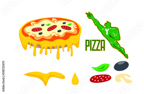 delicious pizza with lots of melted and dripping cheddar. pizza and pizza ingredients set. green hulk man presentation service character for pizza shop
