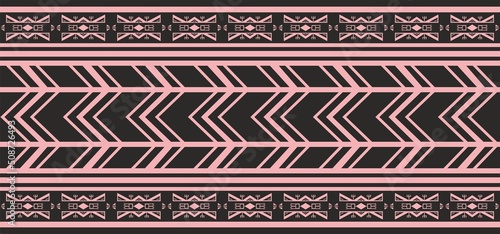 Vector pink and black native american seamless pattern. Endless Aztec, Maya, Inca ornament. Drawing for border and frame..