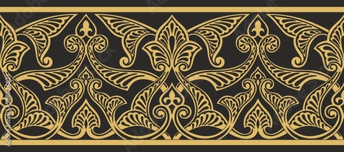 Vector seamless golden oriental ornament. Endless Arabic patterned border, frame. Persian painting..