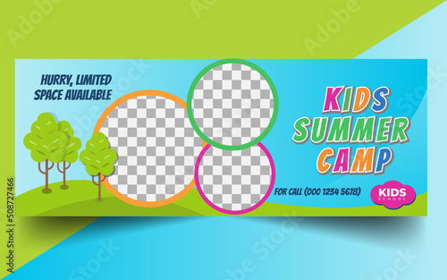 Kids Summer Camp Social Media Cover Photo. Modern Kid's Camping Web Banner Design Template 