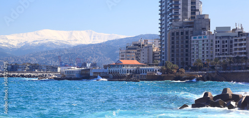 Panoramic view of the Beirut skyline with snow-covered Mt Sannine in the background photo