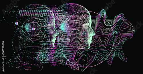 Set of images in sci-fi futuristic style. Concept illustrations for neural network and artificial intelligence subjects.