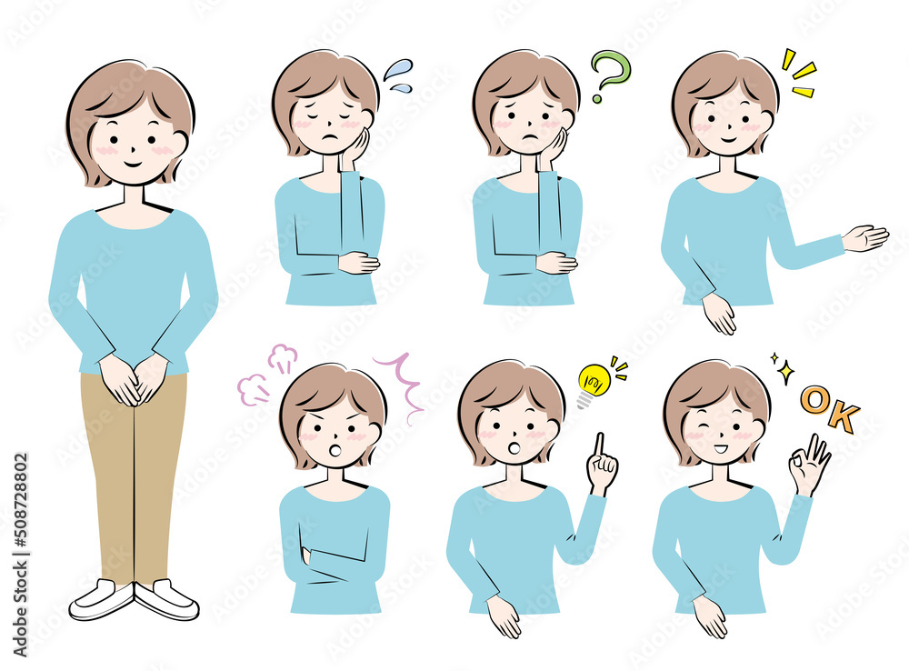 様々な表情のカジュアルな服装の女性　全身　上半身　バリエーション