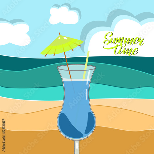 Cocktail Blue Hawaii on the beach in flat technique vector illustration 