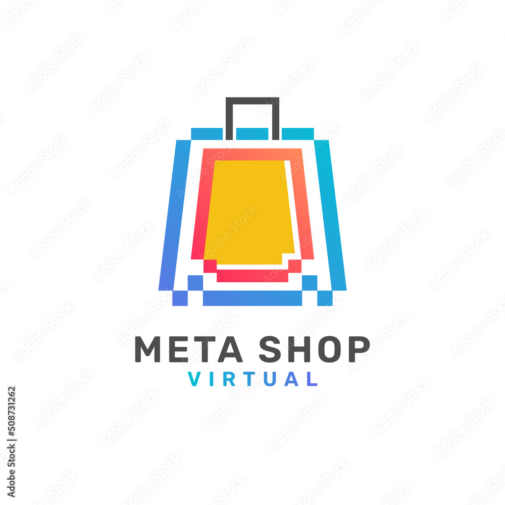 Digital Pixel Shop Bag Symbol As Virtual Shopping Logo Design.