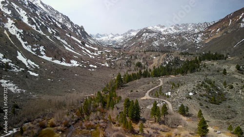 Scenic landscape of snow capped Eastern Sierra mountains in springtime near Aspendell. photo