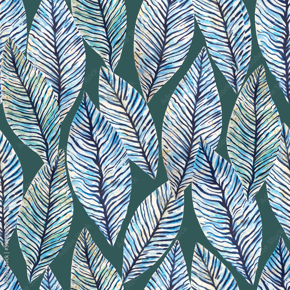Seamless pattern with abstract tropical leaves. Watercolor illustration.