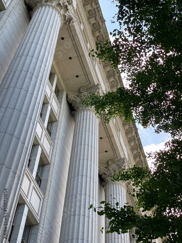 The neoclassical building details, the roman inspired western office, “Raimon” patterns and the colonnades, and exterior lanterns.  Tokyo “Meiji Yasuda Seimei” building built 1930s, shot taken on June photo