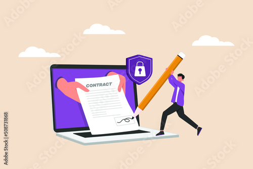 Businessman with client using pen to sign agreement contract online on laptop. Business Agreement Concept. Colored flat graphic vector illustration.