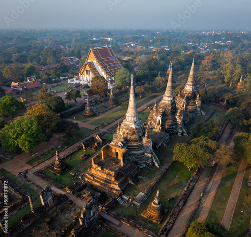 Aerial view of Wat Phra Si Sanphet ruin temple at sunrise in Phra Nakhon Si Ayutthaya  Thailand