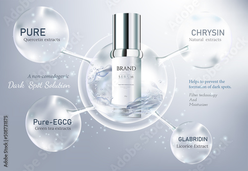 Beauty cosmetic ads. Glass product with water in atom molecule. Cosmetics bottles mockup banner. Realistic 3d vector