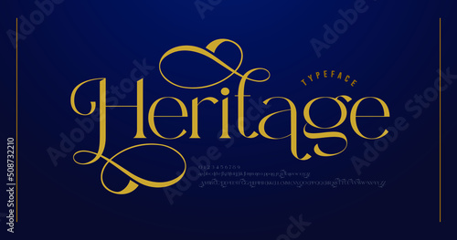 Luxury wedding alphabet letters font with tails. Typography elegant classic lettering serif fonts and number decorative vintage retro concept for logo branding. vector illustration
