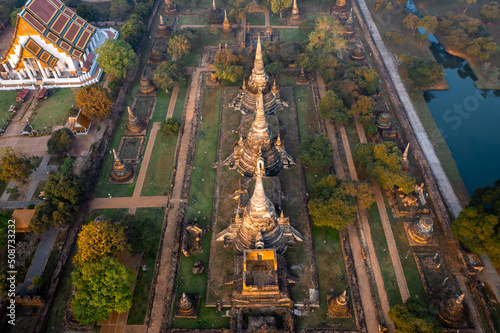Aerial view of Wat Phra Si Sanphet ruin temple at sunrise in Phra Nakhon Si Ayutthaya, Thailand