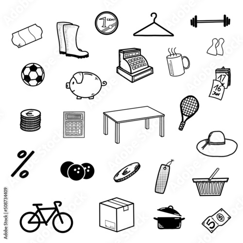 24x Flohmarkt - Icons, Illustrationen, Zeichen / Symbole	