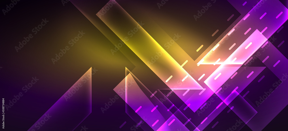 Background neon glowing lines and geometric shapes. Lights in the dark wallpaper for concept of AI technology, blockchain, digital, communication, 5G, science Background neon glowing lines and geometric shapes. Lights in the dark wallpaper for concept of AI technology, blockchain, digital, communication, 5G, science
