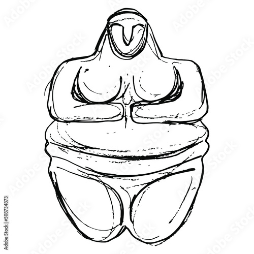 Female figurine from ancient Saudi Arabia. Neolithic goddess. Fat woman. Great Mother archetype. Hand drawn linear doodle rough sketch. 
Black silhouette on white background.