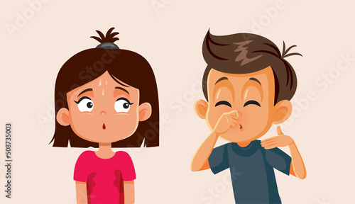 Boy Bothered by Sweaty Friend Smelling Odd Vector Cartoon Illustration. Little girl feeling ashamed by excessive sweating health problem
