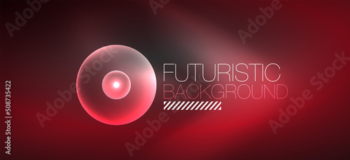 Shiny neon geometric abstract background. Glowing lights on round shapes, triangles and circles. Wallpaper for concept of AI technology, blockchain, communication, 5G, science, business