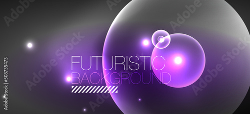 Shiny neon geometric abstract background. Glowing lights on round shapes, triangles and circles. Wallpaper for concept of AI technology, blockchain, communication, 5G, science, business