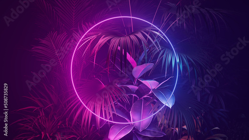 Cyberpunk Background Design. Tropical Leaves with Blue and Pink, Circle shaped Neon Frame.