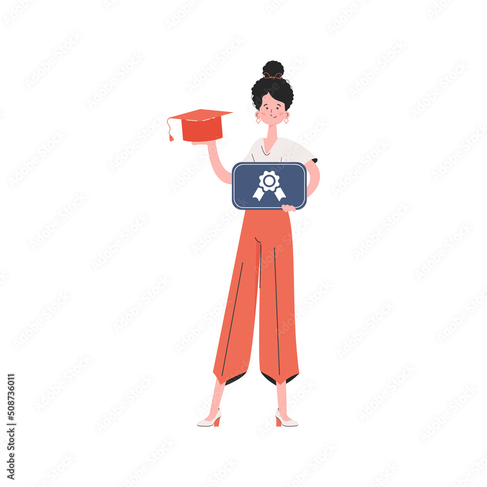 The girl stands in full growth and holds a graduation cap. Isolated. Element for presentations, sites. The girl stands in full growth and holds a graduation cap. Isolated. Element for presentations, sites.