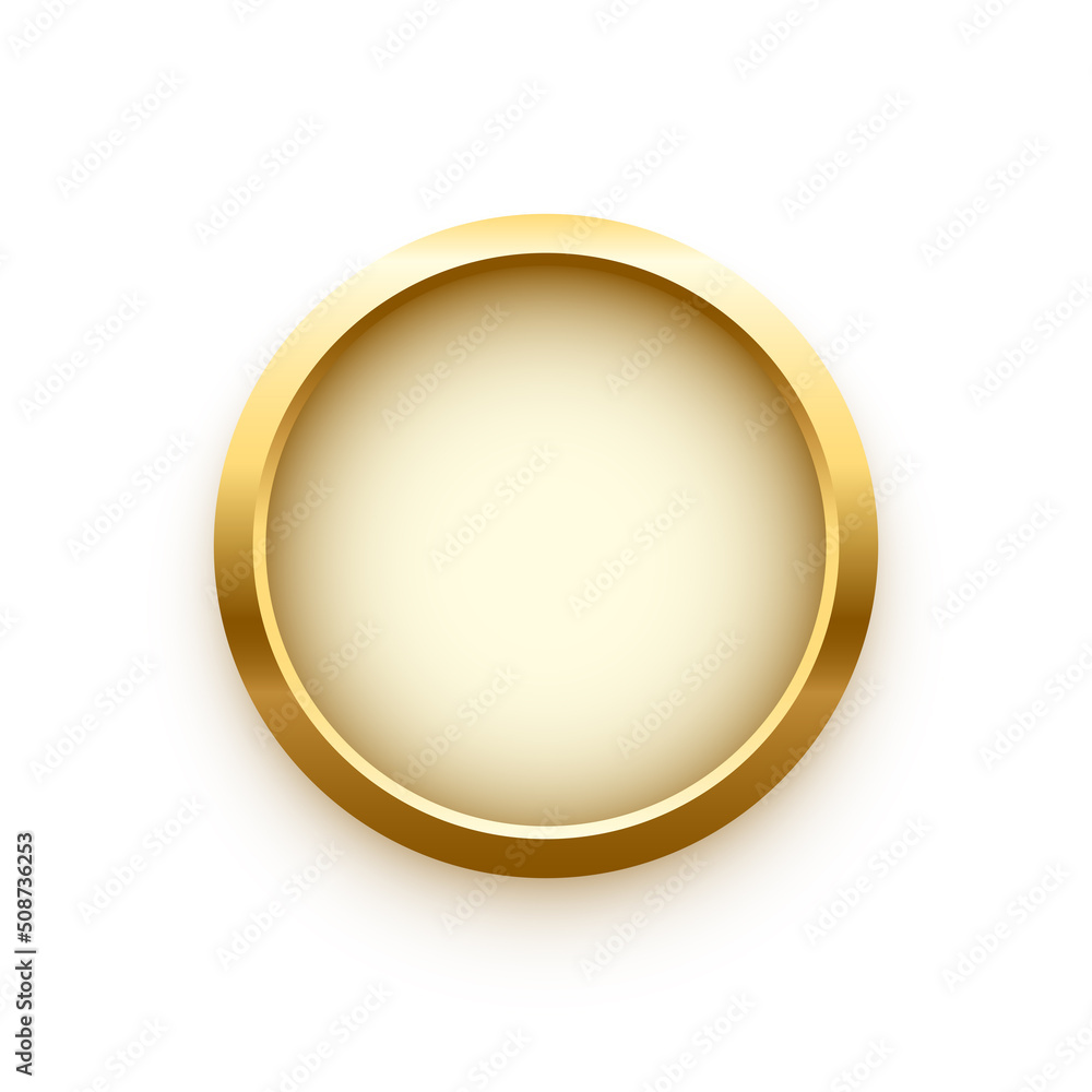 Realistic round gold button isolated on white background. Metal golden  circle Ui component. Vector illustration. Stock Vector