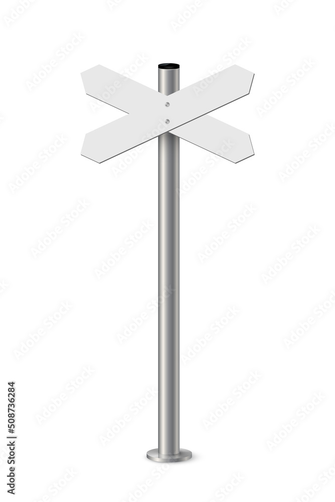 Signpost with blank direction signs on road. Metal pole with white arrow boards vector illustration. Retro steel street post isolated on white background. Simple empty crossroad banners Signpost with blank direction signs on road. Metal pole with white arrow boards vector illustration. Retro steel street post isolated on white background. Simple empty crossroad banners