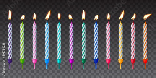 3d realistic colorful candles for birthday cake, holiday candles with burning flames