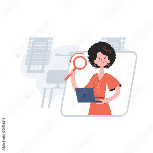 The girl is waist-deep holding a computer and a magnifying glass. Search. Element for presentations, sites.