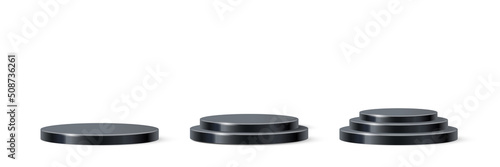 3d circle podium set for product presentation, black platforms with one, two and three steps