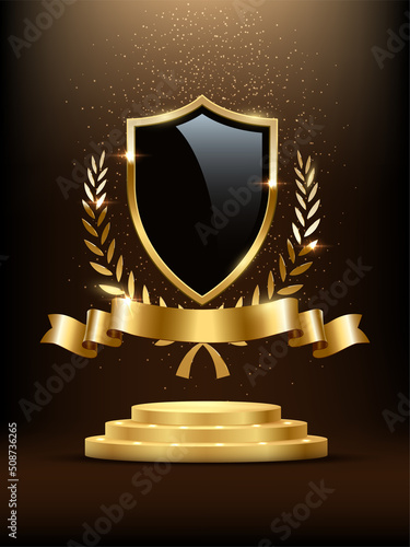 3d gold award podium with black shield, ribbon and laurel branches with falling glitter