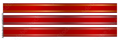 Red ribbon set with grosgrain 3d texture and gold, silver and bronze trim on border