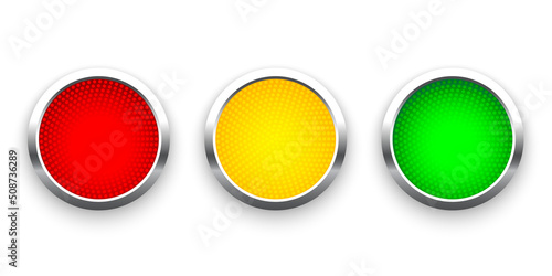 Traffic lights with silver frames isolated on white bacground. Vector realistic road object.