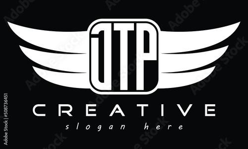 DTP three Letter Wings Flying Initial wing symbol minimalist creative concept flag icon professional logo design Vector template