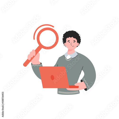 The guy is waist-deep holding a computer and a magnifying glass. Isolated. Element for presentations, sites.