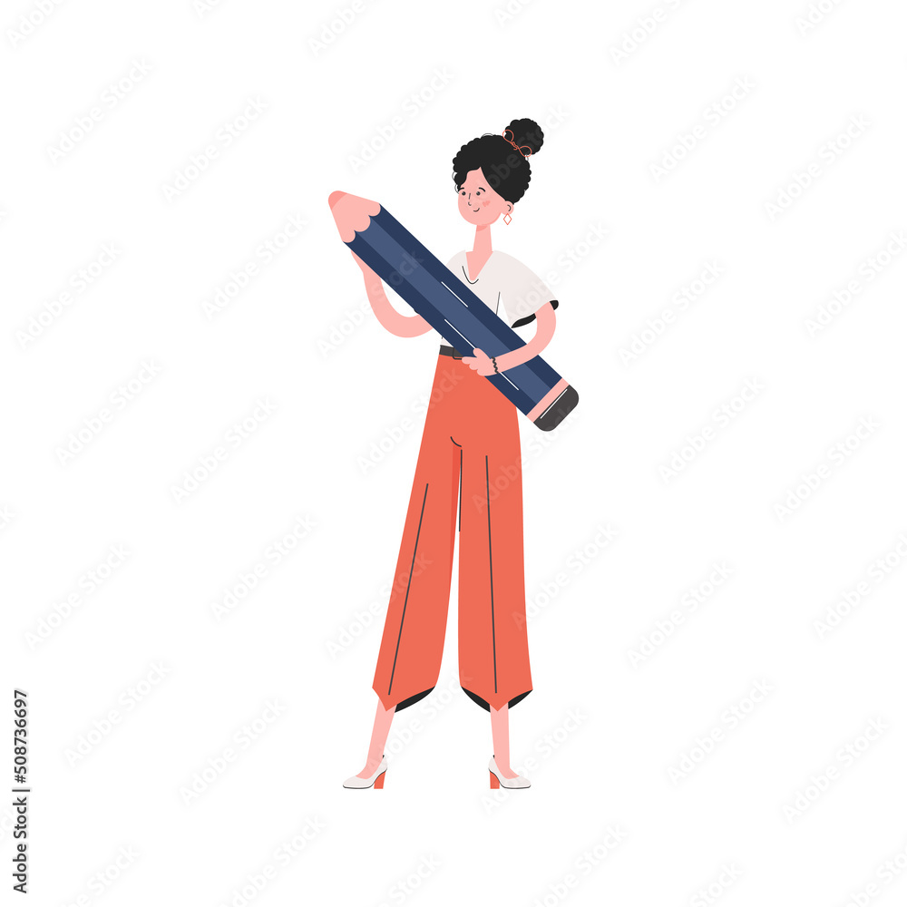 The girl is standing in full growth holding a large pencil. Isolated. Element for presentations, sites. The girl is standing in full growth holding a large pencil. Isolated. Element for presentations, sites.