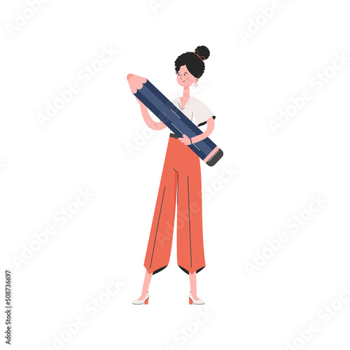 The girl is standing in full growth holding a large pencil. Isolated. Element for presentations, sites.