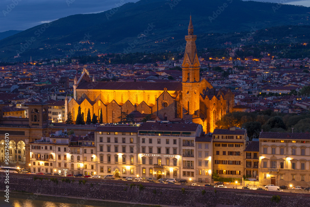 Medieval Church of the Holy Cross (Basilica di Santa Croce) in the evening landscape, Florence