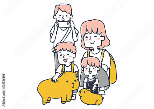 動物園で小動物（カピバラ）と触れ合う子供と見守る両親　コミカルな手書きの人物　ベクター、温かみのある
