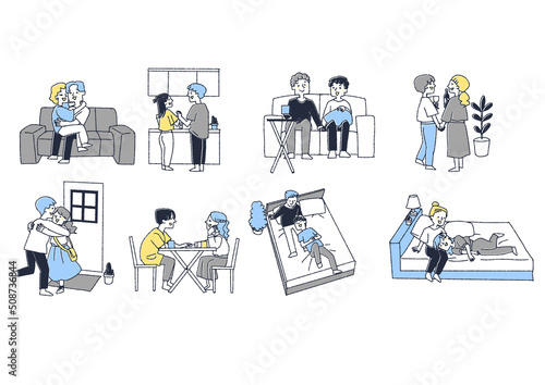 異性愛者や同性愛者が部屋でデートを楽しむセット　コミカルな手書きの人物　ベクター、温かみのある線画