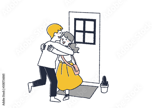 ドアの前で抱き合う二人　部屋でデートをする男女のカップル　コミカルな手書きの人物